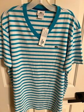 Lacoste White & Turquoise Striped V-Neck Tee